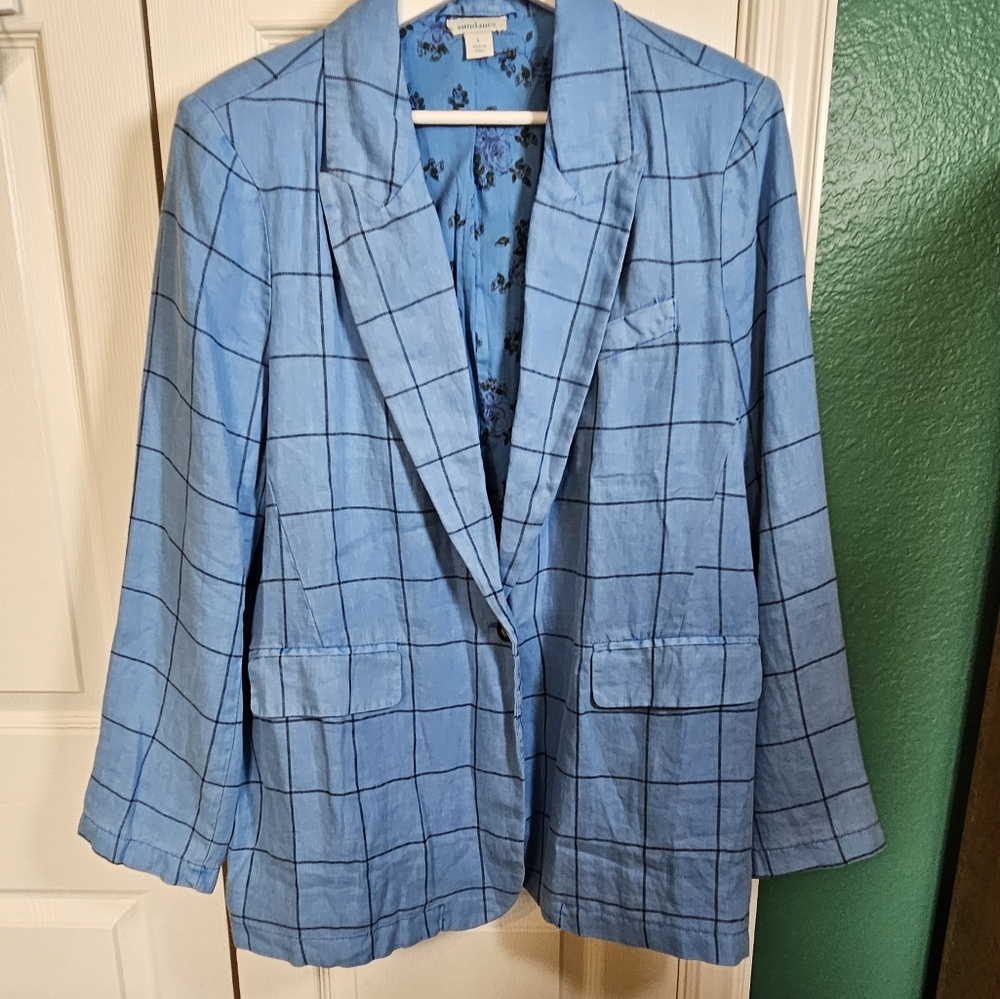 Sundance Blue Linen Checkered Women's Blazer